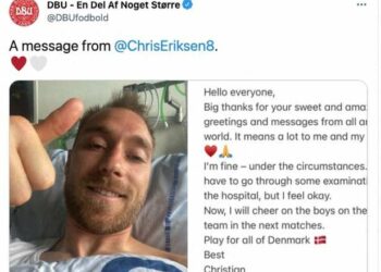 Eriksen agradecendo do hospital