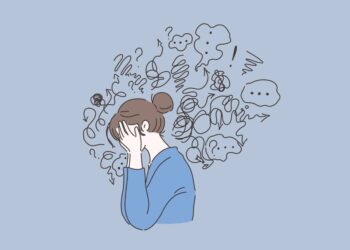 Mental disorder, finding answers, confusion concept. Woman suffering from depression, closing face with palms in despair, girl trying to solve complex problems. Simple flat vector