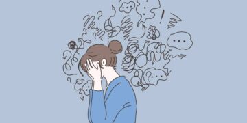 Mental disorder, finding answers, confusion concept. Woman suffering from depression, closing face with palms in despair, girl trying to solve complex problems. Simple flat vector