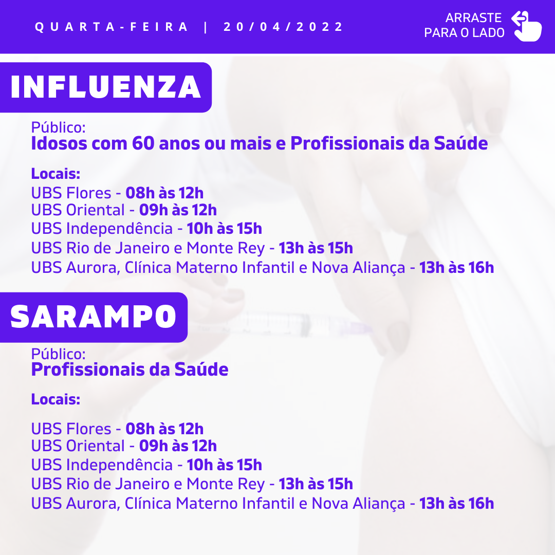 Cronograma de Vacinação Municipal - Quarta-feira - 20/04/2022