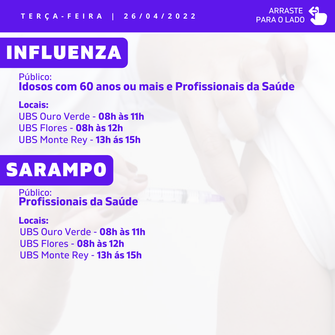 Cronograma de Vacinação Municipal - Terça-feira - 26/04/2022