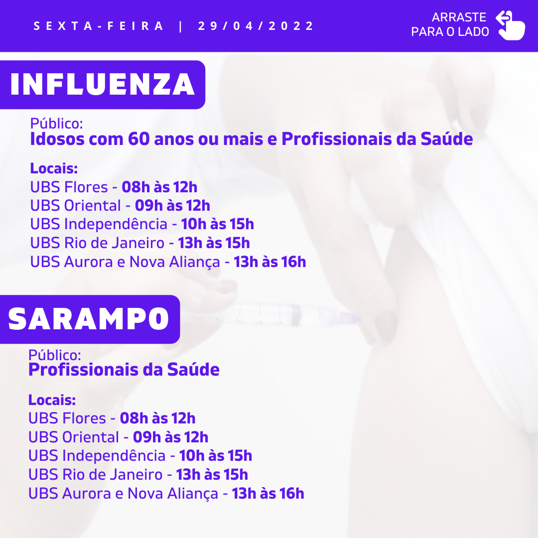 Cronograma de Vacinação Municipal - Sexta-feira - 29/04/2022