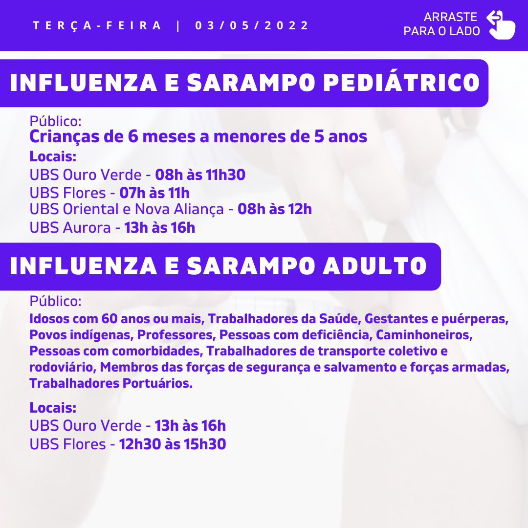Cronograma de Vacinação Municipal - Terça-feira - 03/05/2022