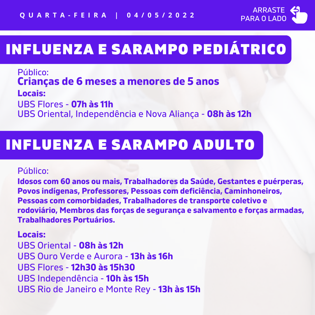 Cronograma de Vacinação Municipal - Quarta-feira - 04/05/2022