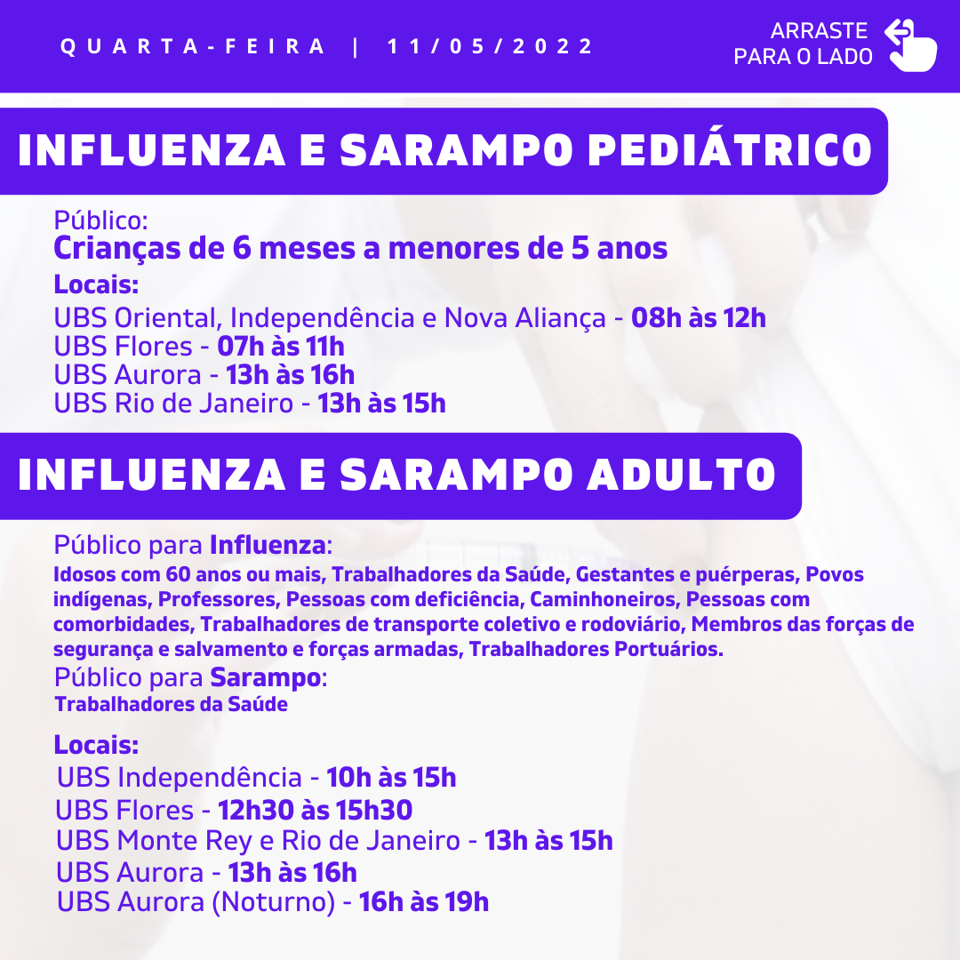 Cronograma de Vacinação Municipal - Quarta-feira - 11/05/2022
