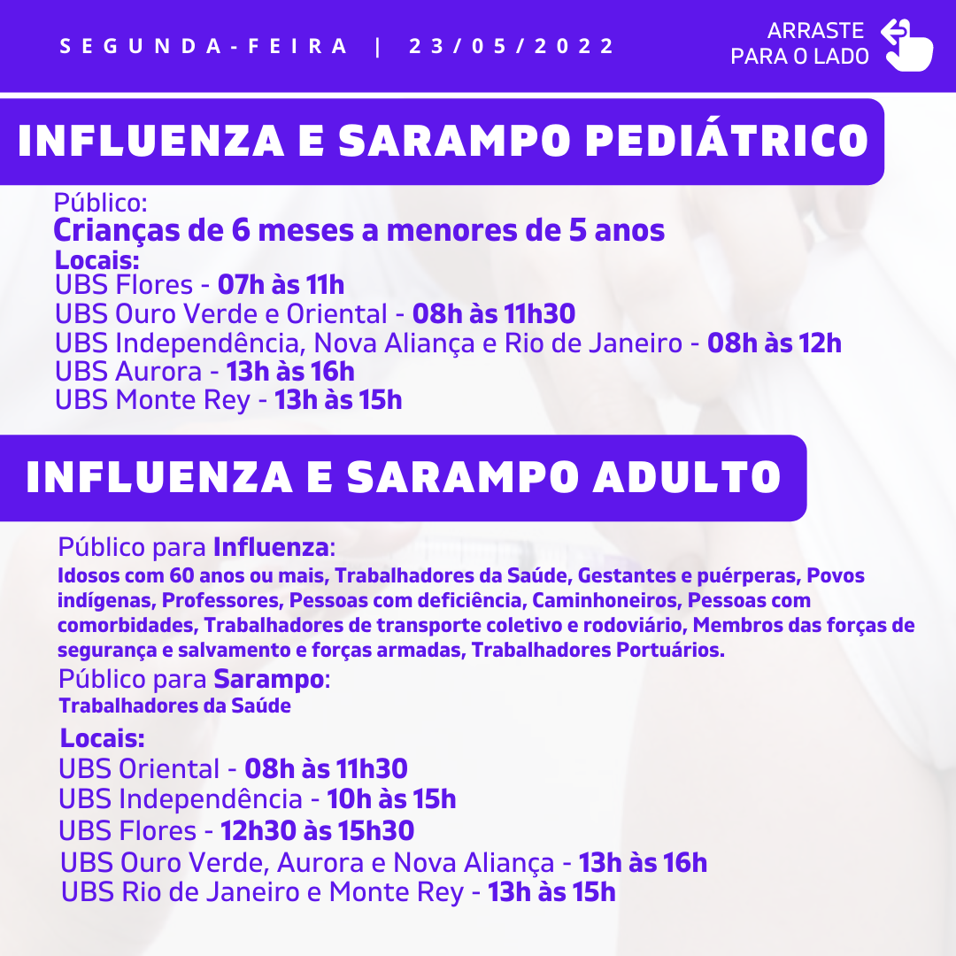 Cronograma de Vacinação Municipal - Segunda-feira - 23/05/2022