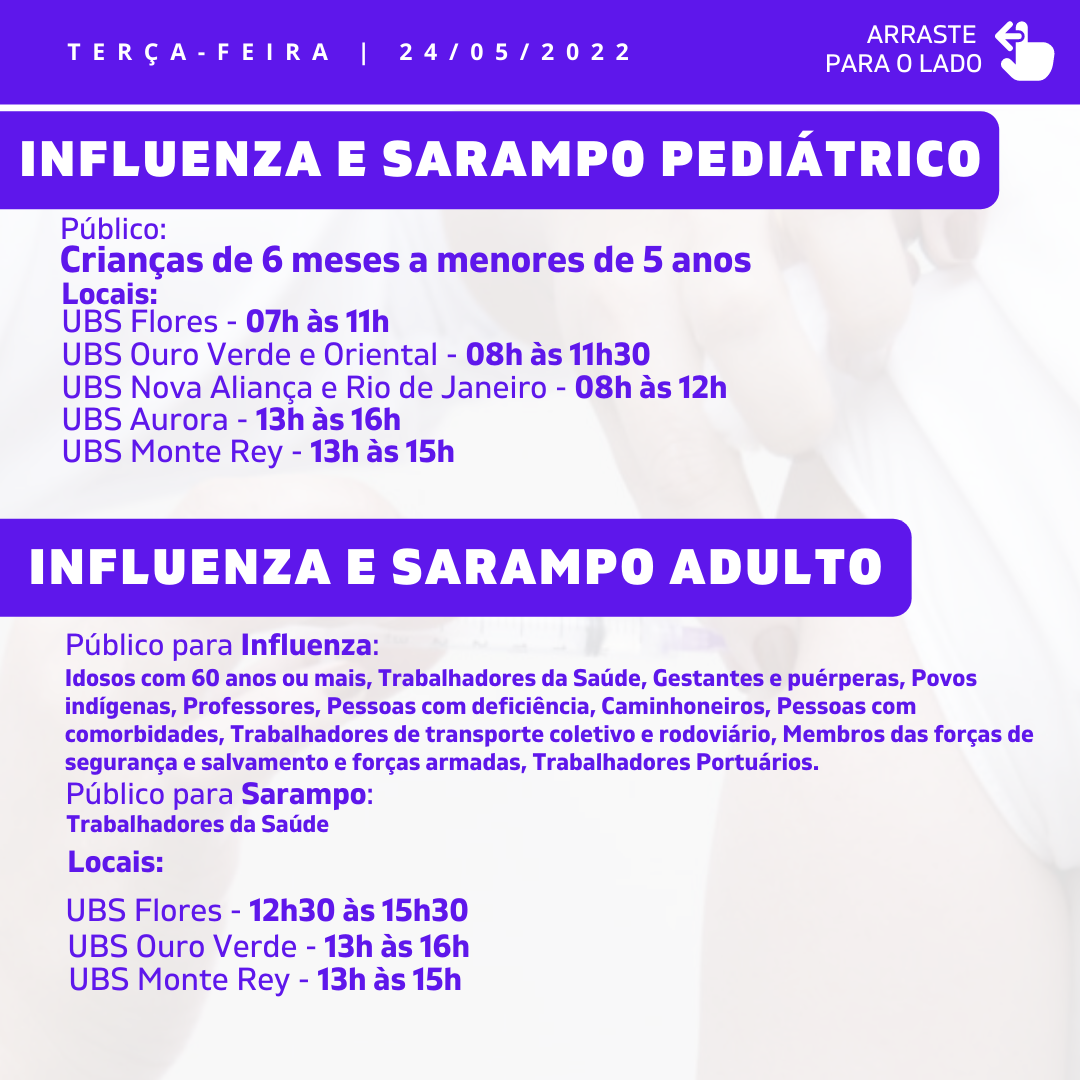 Cronograma de Vacinação Municipal - Terça-feira - 24/05/2022