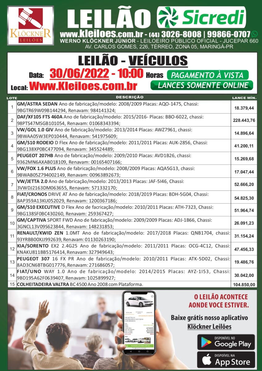 LEILÃO - VEÍCULOS 30/06/2022 - 10:00