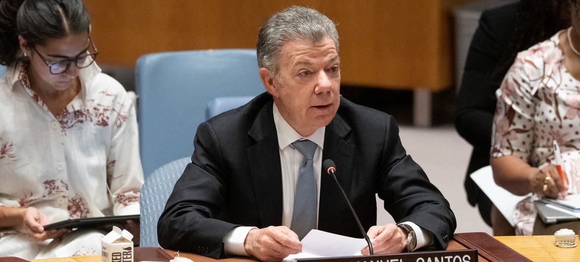 Ex-presidente Juan Manuel Santos, da Colômbia, em reunião do Conselho de Segurança sobre as ameaças à paz e segurança internacionais.