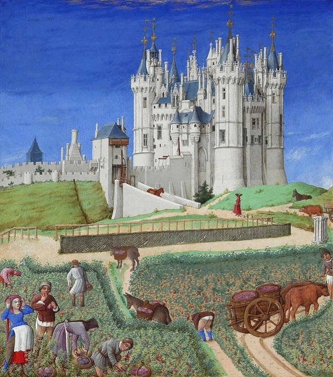 Iluminura do livro "As ricas horas do duque de Berry", de 1410, sobre o mês de setembro quando se realizava a colheita.