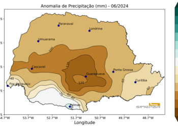 Mapa de chuvas durante junho no Paraná (Crédito: Reprodução/Simepar)