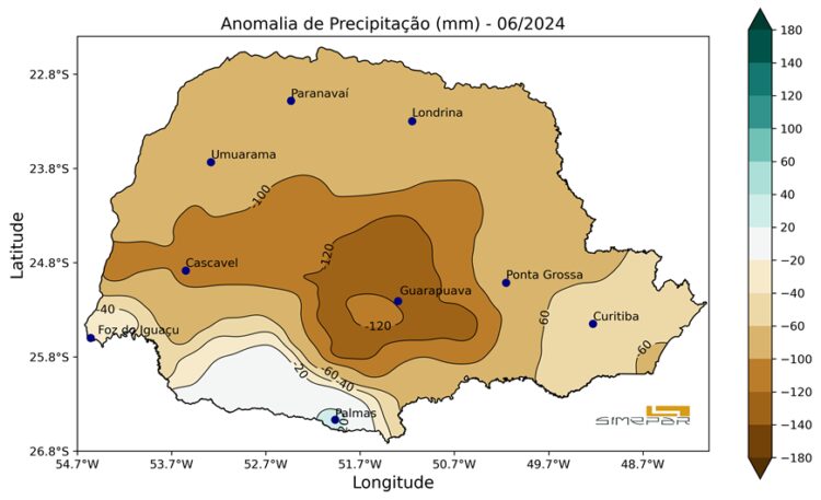 Mapa de chuvas durante junho no Paraná (Crédito: Reprodução/Simepar)