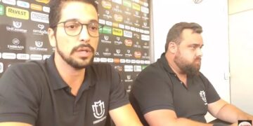 João Vitor Mazzer, presidente, e Tiago Reinis, diretor, de futebol do MFC, não oficializaram posição do clube. Rodrigo Araújo/Maringá FC.