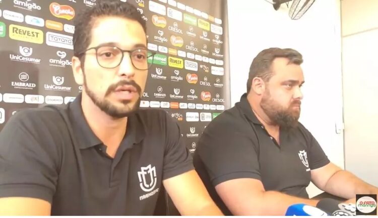 João Vitor Mazzer, presidente, e Tiago Reinis, diretor, de futebol do MFC, não oficializaram posição do clube. Rodrigo Araújo/Maringá FC.