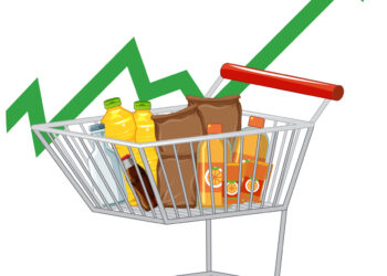 Shopping cart with upward trend arrow and groceries