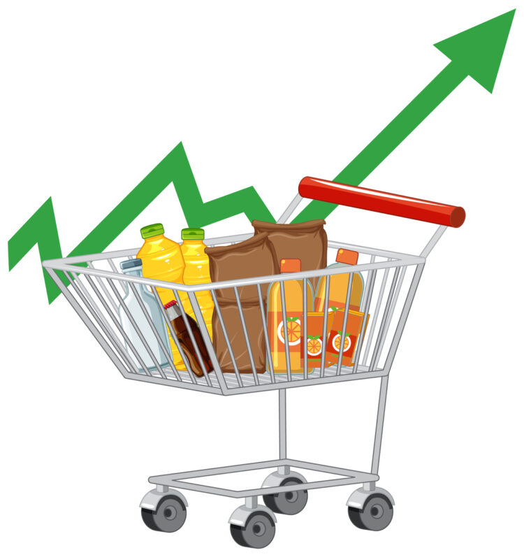 Shopping cart with upward trend arrow and groceries