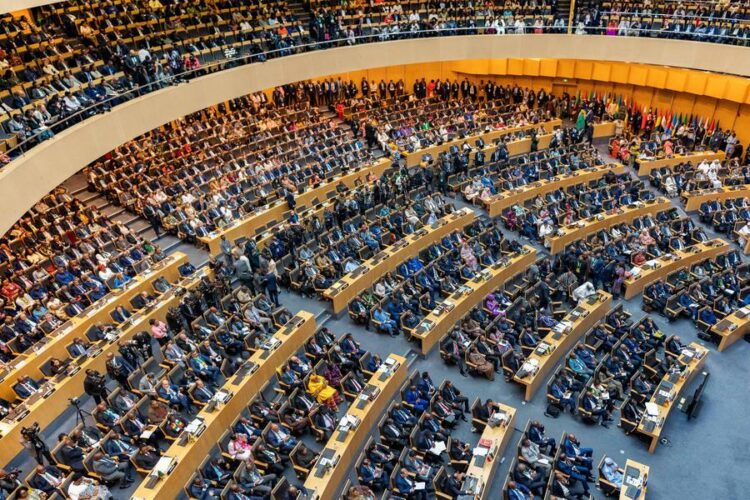 Foto tirada em 14 de fevereiro de 2026 mostra um momento da 39ª edição da Sessão Ordinária da Assembleia de Chefes de Estado e de Governo da União Africana (UA) em Adis Abeba, Etiópia. (Xinhua/Xie Jianfei)