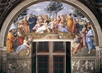 Apolo governa pela música; O Parnaso 1509–1510 Afresco, largura na base: 670 cm Raffaello Sanzio Stanza della Segnatura, Palácios Pontifícios, Vaticano