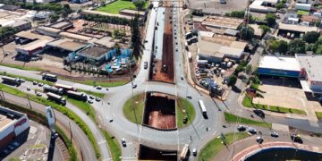 Imagem aérea do trevo, quando estava com  85,76% de execução, em novembro de 2025 (Crédito: DER-PR)