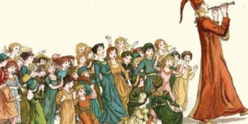 O flautista de Hamelin - Ilustração de Kate Greenaway - Crianças seguem a música, encantadas.
