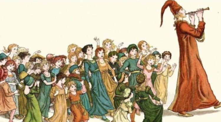 O flautista de Hamelin - Ilustração de Kate Greenaway - Crianças seguem a música, encantadas.
