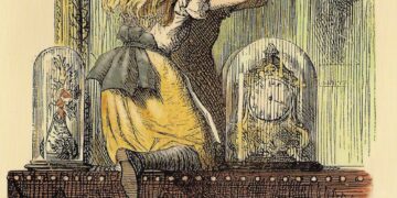 Alice, na obra "Through the Looking-Glass" de Lewiss Carroll ilustração de John Tenniel