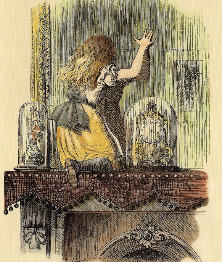 Alice, na obra "Through the Looking-Glass" de Lewiss Carroll ilustração de John Tenniel